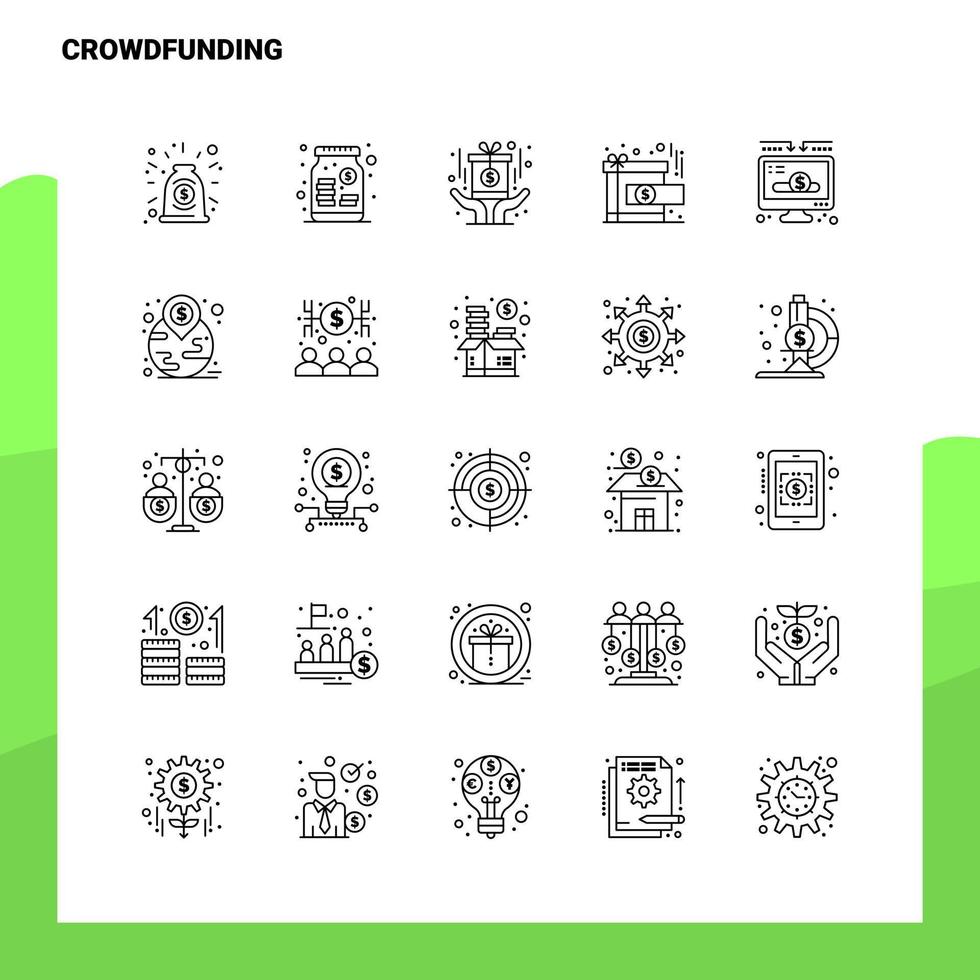 conjunto de iconos de línea de crowdfunding conjunto de 25 iconos diseño de estilo minimalista vectorial conjunto de iconos negros paquete de pictogramas lineales vector