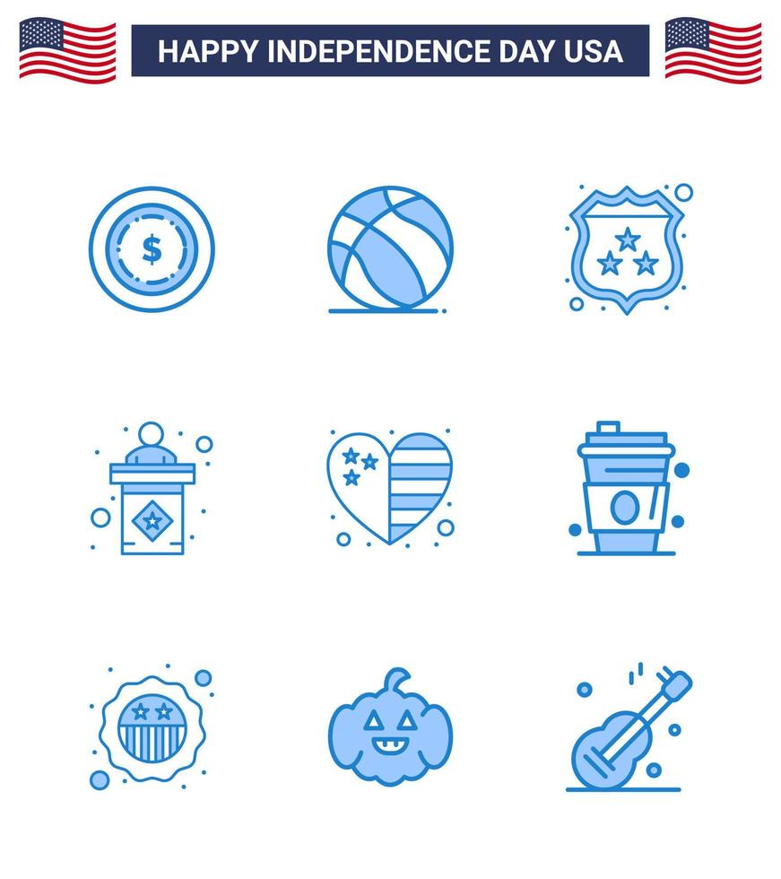 Set of 9 Vector Blues on 4th July USA Independence Day such as flag heart security sign election Editable USA Day Vector Design Elements