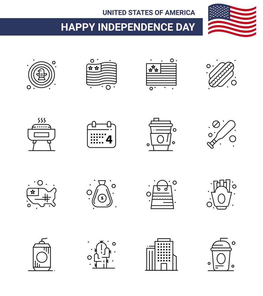 16 USA Line Signs Independence Day Celebration Symbols of date calender american holiday celebration Editable USA Day Vector Design Elements