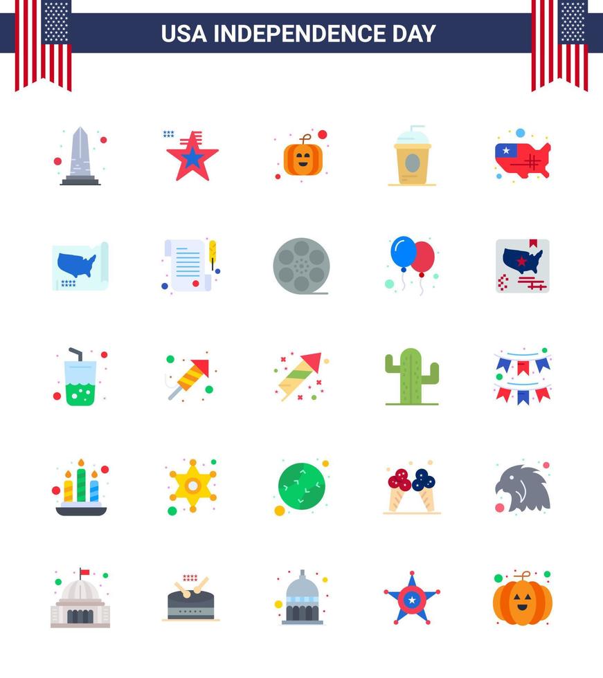 Group of 25 Flats Set for Independence day of United States of America such as map holiday usa drink cake Editable USA Day Vector Design Elements