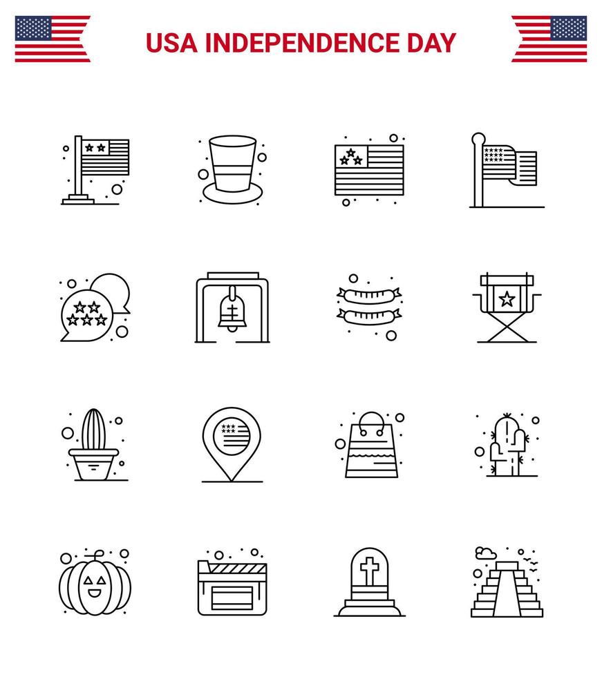 Happy Independence Day Pack of 16 Lines Signs and Symbols for star flag country usa flag Editable USA Day Vector Design Elements