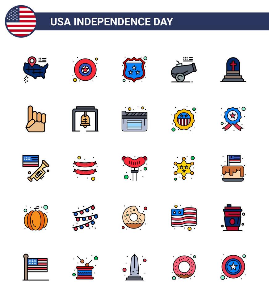 Happy Independence Day USA Pack of 25 Creative Flat Filled Lines of rip grave shield death howitzer Editable USA Day Vector Design Elements