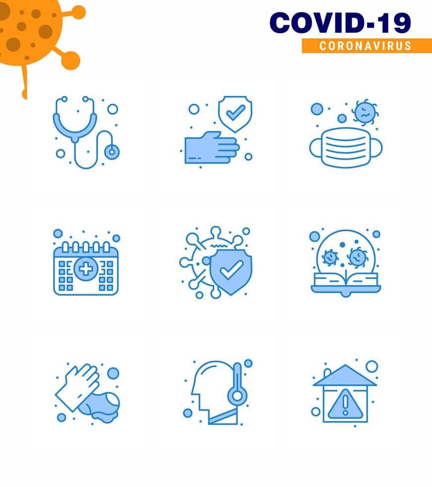 9 Blue Set of corona virus epidemic icons such as protection bacteria mask time calendar viral coronavirus 2019nov disease Vector Design Elements