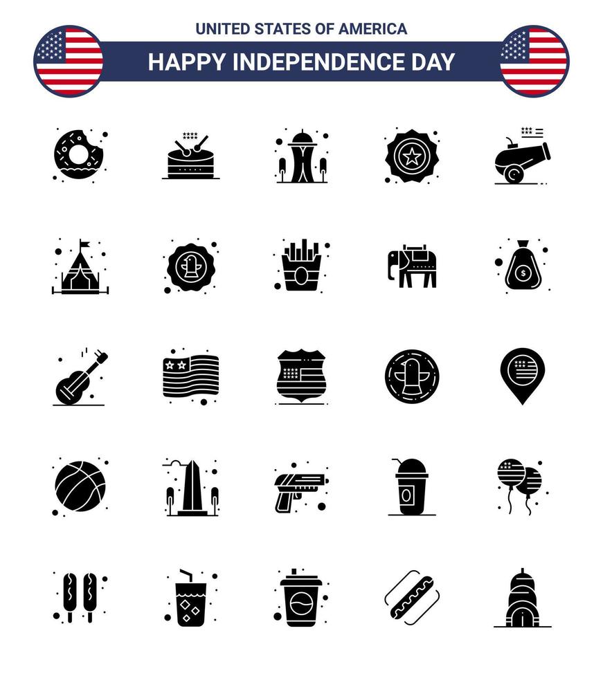 Pack of 25 USA Independence Day Celebration Solid Glyph Signs and 4th July Symbols such as cannon flag building badge american Editable USA Day Vector Design Elements