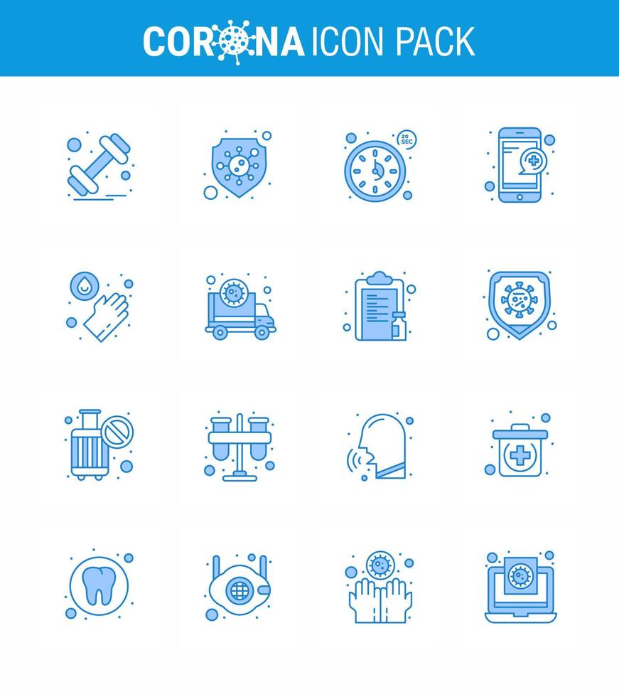 COVID19 corona virus contamination prevention Blue icon 25 pack such as medical service clock question medical viral coronavirus 2019nov disease Vector Design Elements