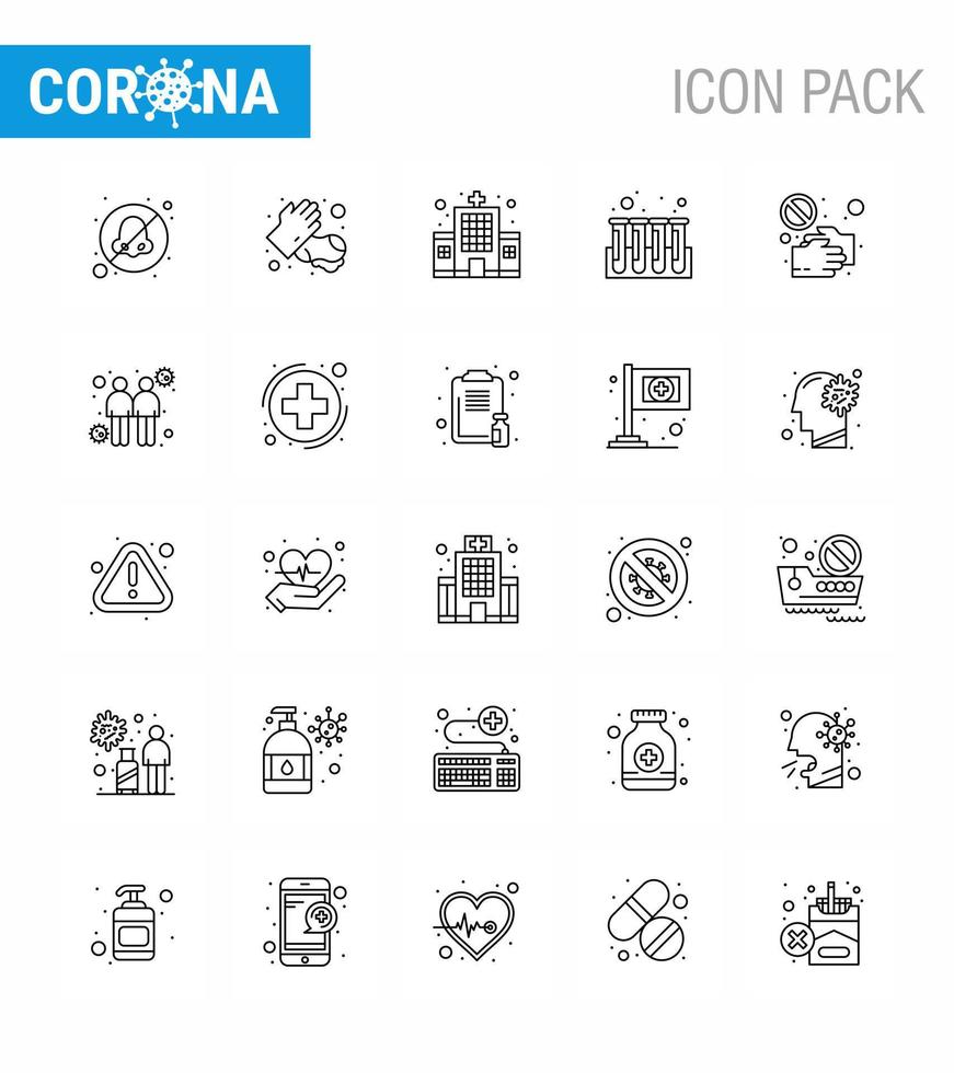 25 line Coronavirus Covid19 Icon pack such as hand tubes health care test blood viral coronavirus 2019nov disease Vector Design Elements