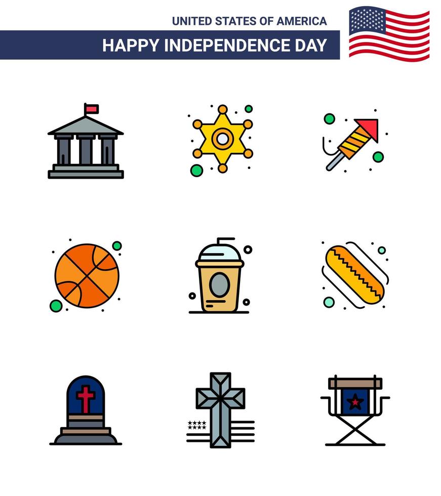 conjunto de 9 iconos del día de estados unidos símbolos americanos signos del día de la independencia para el trabajo de fuego del día del cole deportes baloncesto elementos de diseño vectorial del día de estados unidos editables vector