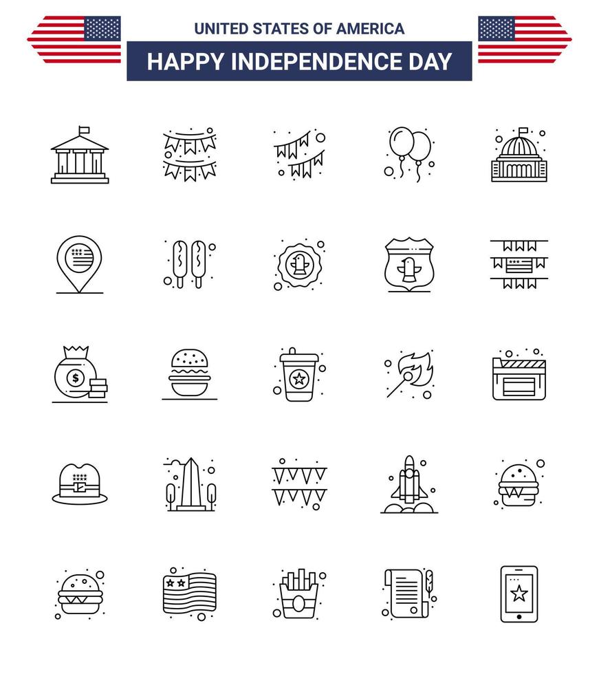 4 de julio estados unidos feliz día de la independencia icono símbolos grupo de 25 líneas modernas de la casa blanca fiesta de construcción de guirnaldas elementos de diseño vectorial del día de estados unidos editables vector