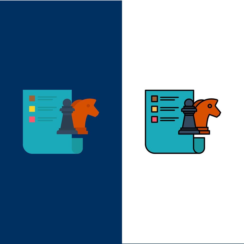 iconos de planificación de estrategia de negocio de ajedrez plano y conjunto de iconos llenos de línea vector fondo azul