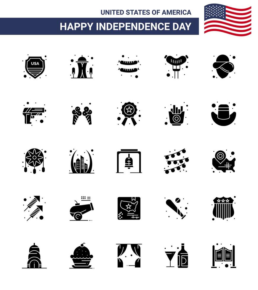 conjunto de 25 iconos del día de los ee.uu. símbolos americanos signos del día de la independencia para la seguridad de las armas pistola de alimentos vaquero elementos de diseño vectorial editables del día de los ee.uu. vector