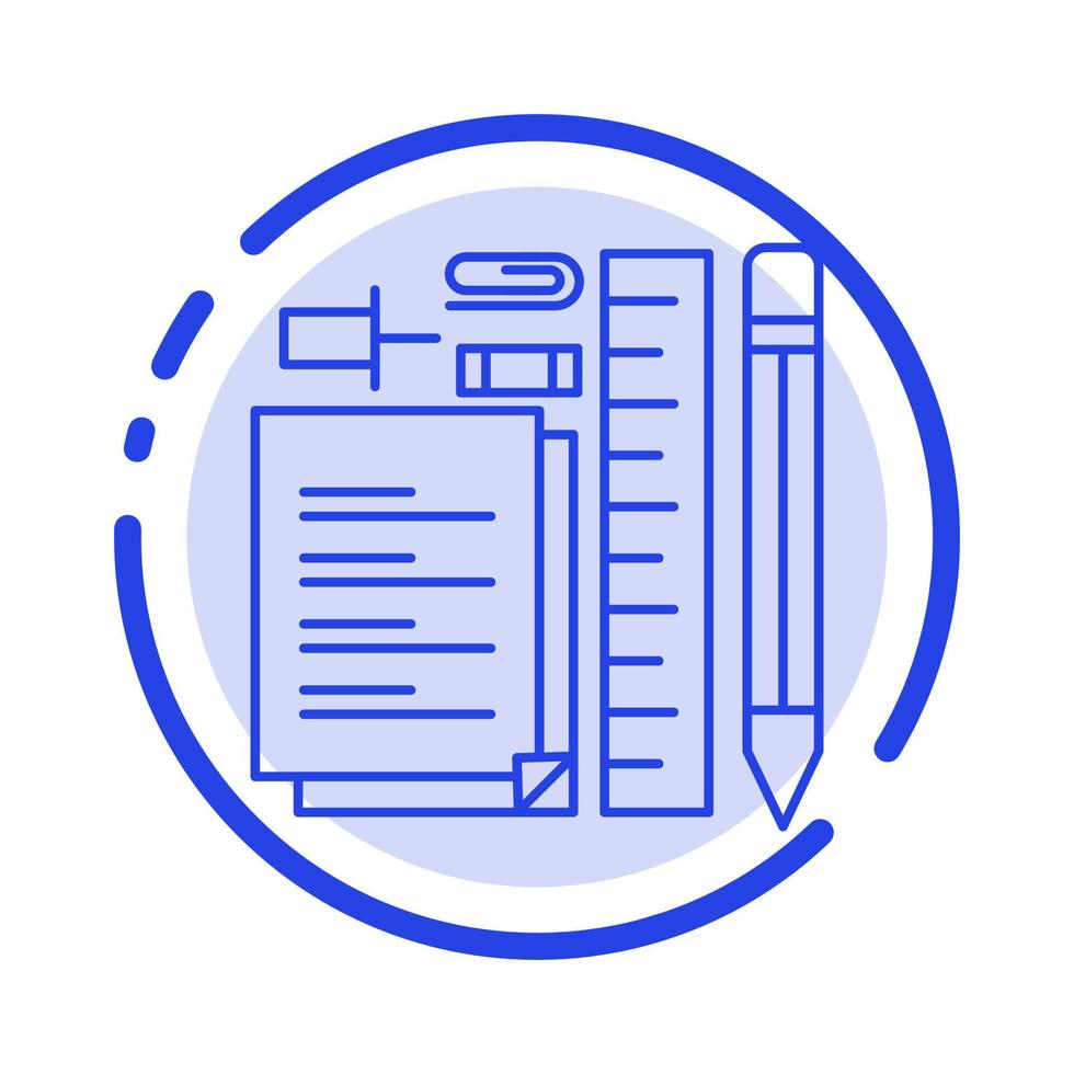 estacionario lápiz bolígrafo bloc de notas alfiler azul línea punteada icono de línea vector