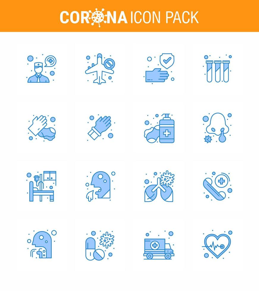 16 Blue Set of corona virus epidemic icons such as hands test tubes clean test experiment viral coronavirus 2019nov disease Vector Design Elements