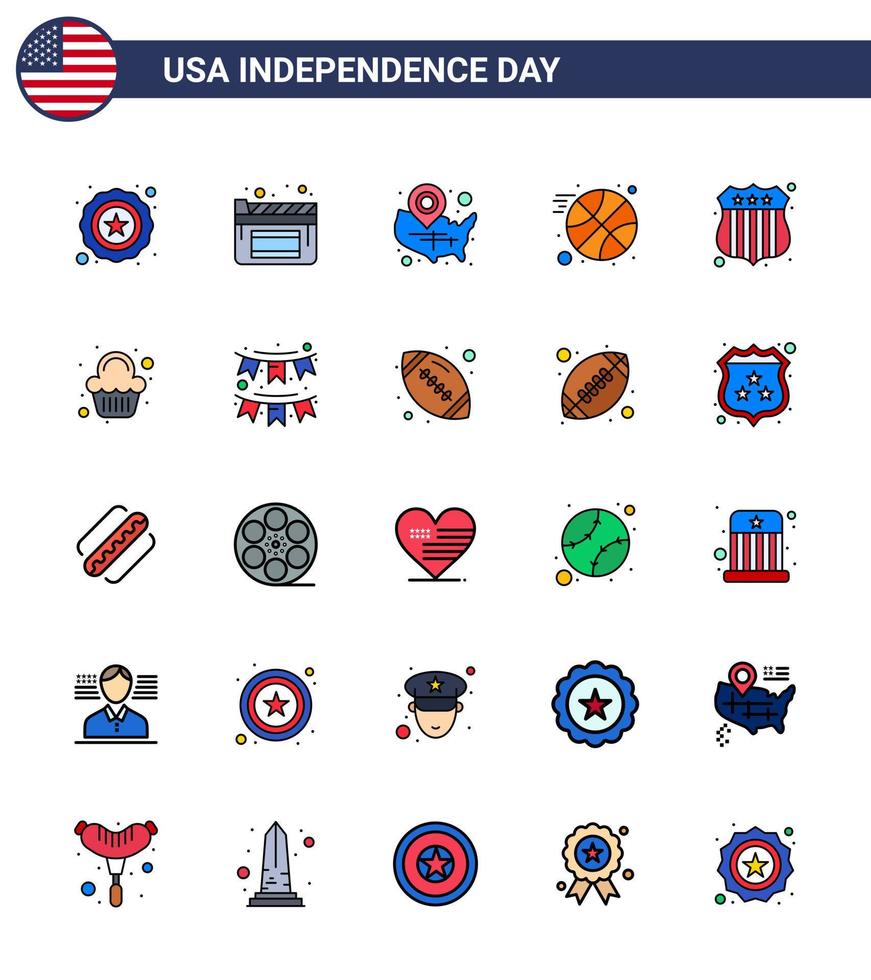 Set of 25 Vector Flat Filled Lines on 4th July USA Independence Day such as cake investigating usa badge ball Editable USA Day Vector Design Elements