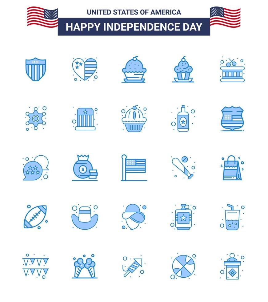Modern Set of 25 Blues and symbols on USA Independence Day such as police sticks cake instrument thanksgiving Editable USA Day Vector Design Elements