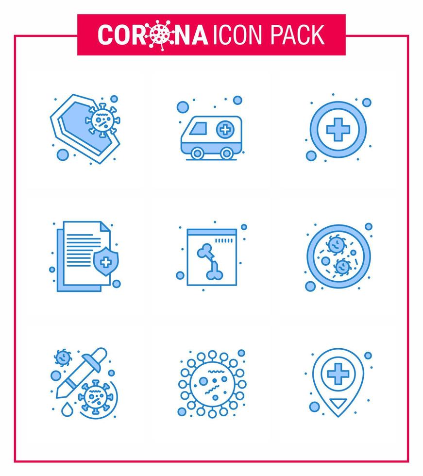 conjunto de iconos covid19 para infografía 9 paquete azul, como seguro de transporte médico óseo salud coronavirus viral 2019nov elementos de diseño de vectores de enfermedad