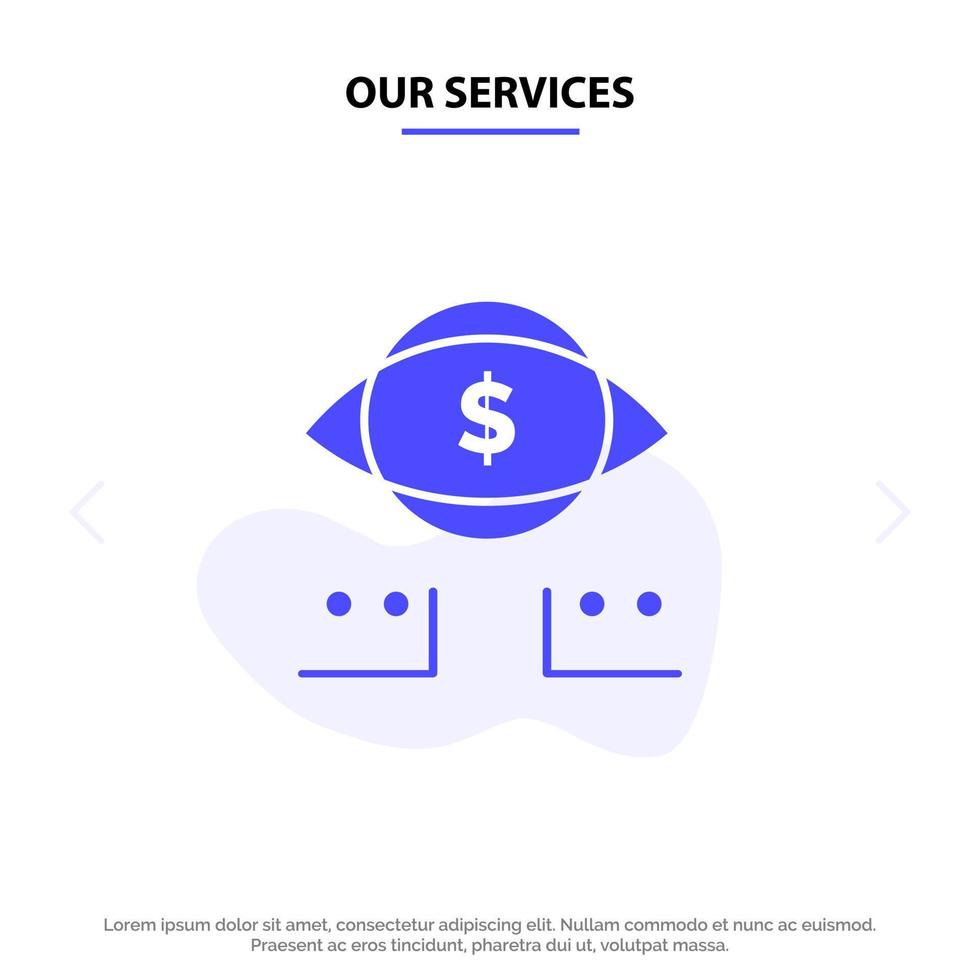 nuestros servicios ojo dólar marketing icono de glifo sólido digital plantilla de tarjeta web vector