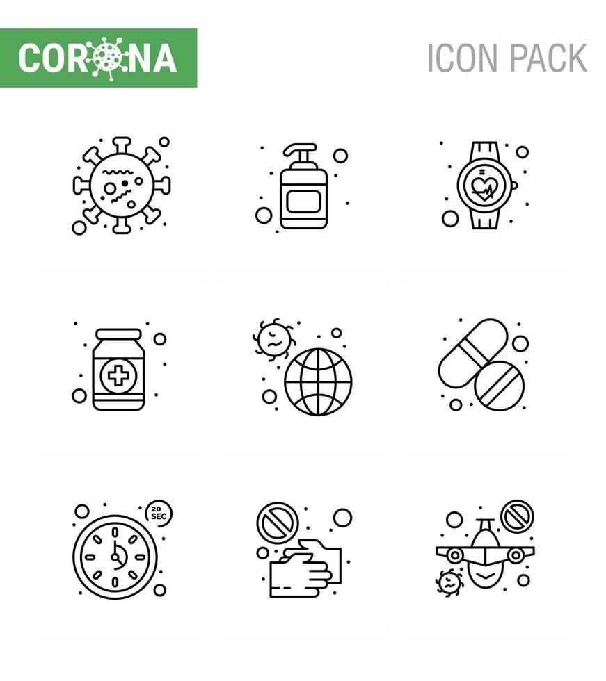 Covid19 Protection CoronaVirus Pendamic 9 Line icon set such as medicine form beat fitness smart watch viral coronavirus 2019nov disease Vector Design Elements