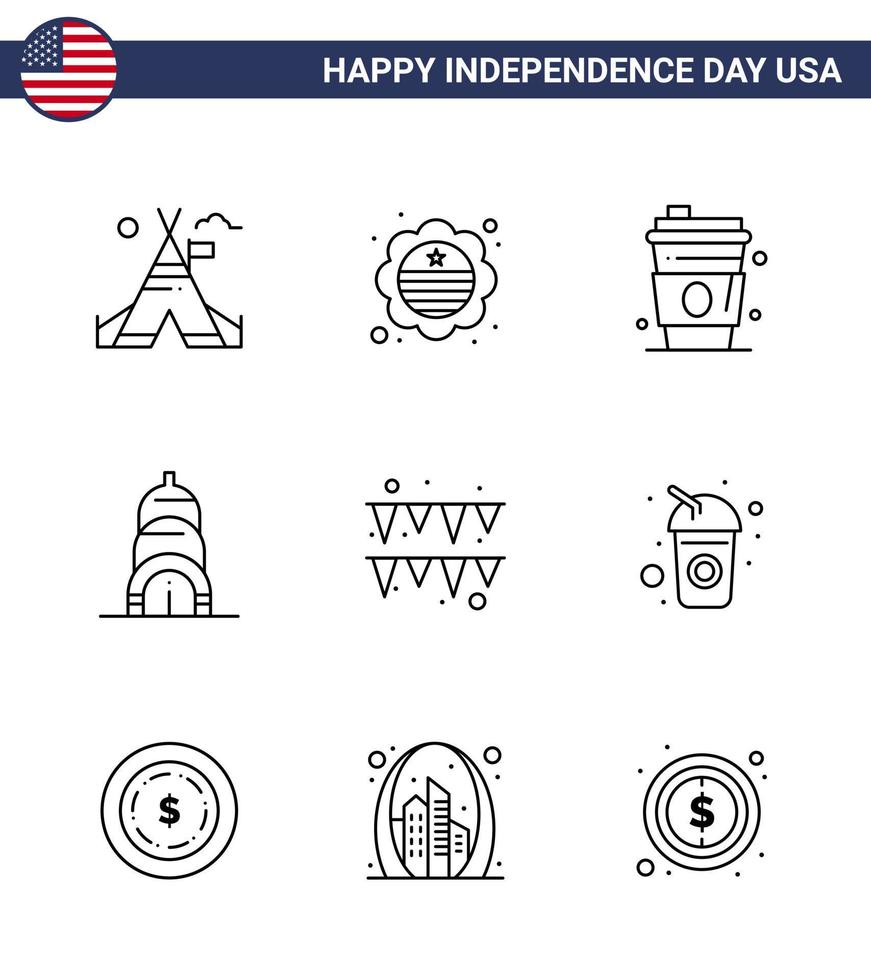 Set of 9 Modern Lines pack on USA Independence Day paper festival alcohol usa chrysler Editable USA Day Vector Design Elements