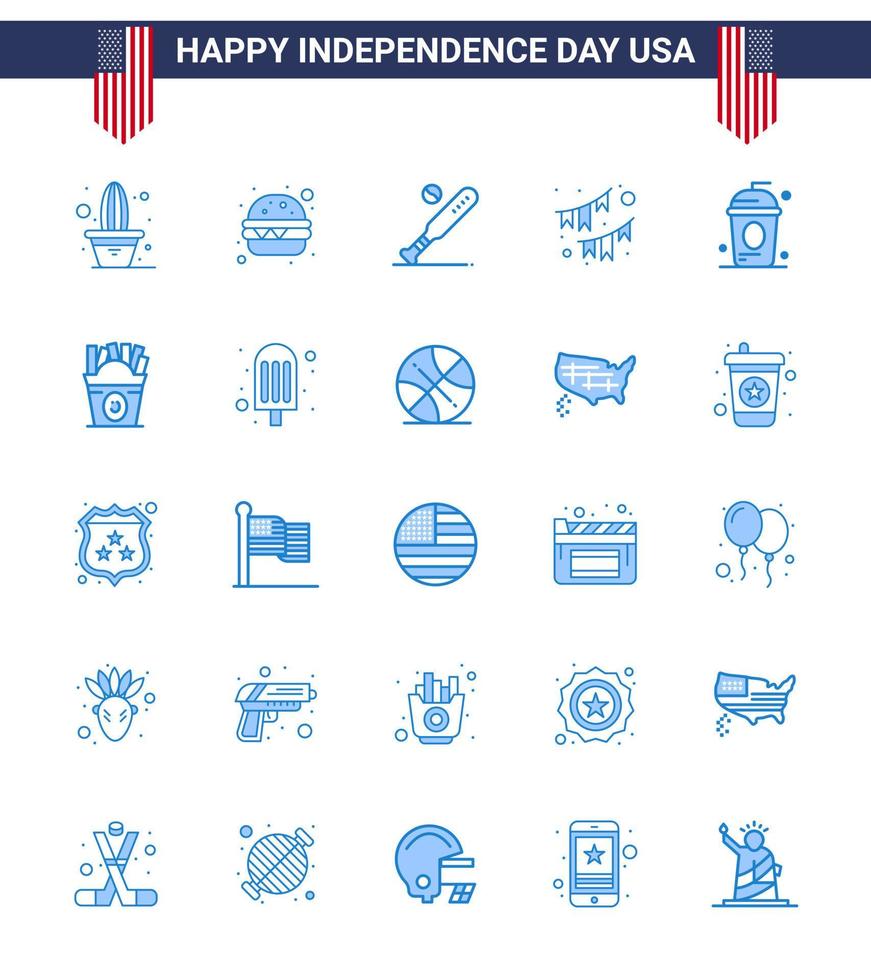 Set of 25 Vector Blues on 4th July USA Independence Day such as cake party baseball decoration american Editable USA Day Vector Design Elements