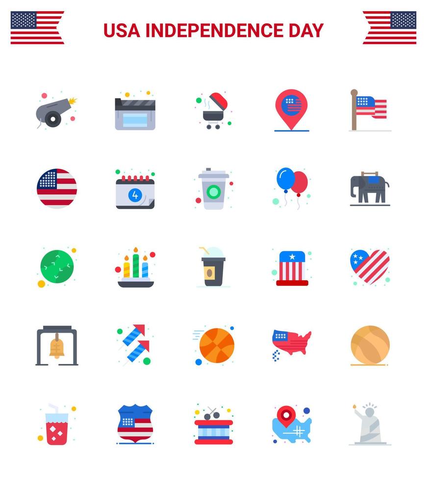 grupo de 25 pisos establecidos para el día de la independencia de los estados unidos de américa, como la bandera de estados unidos, barbacoa, mapa americano, elementos de diseño vectorial editables del día de estados unidos vector