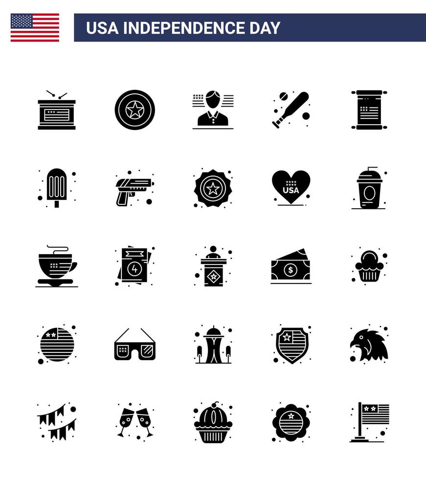 Happy Independence Day 4th July Set of 25 Solid Glyph American Pictograph of usa text man scroll bat Editable USA Day Vector Design Elements