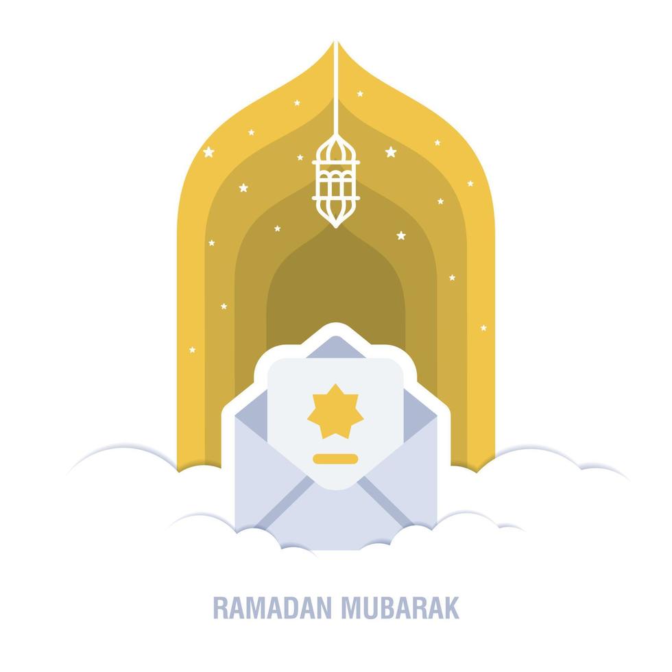 Ramadan Kareem islamic design crescent moon and mosque dome silhouette with arabic pattern and calligraphy vector