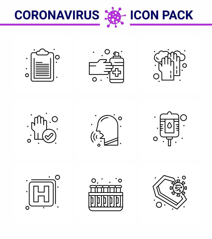 9 Line Set of corona virus epidemic icons such as rhinitis diseases hands cleaned protect viral coronavirus 2019nov disease Vector Design Elements