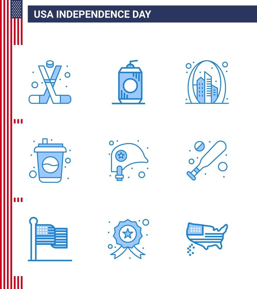 paquete de iconos de vector de stock de día americano 9 signos y símbolos de línea para soda cola usa botella hito elementos de diseño de vector de día de estados unidos editables