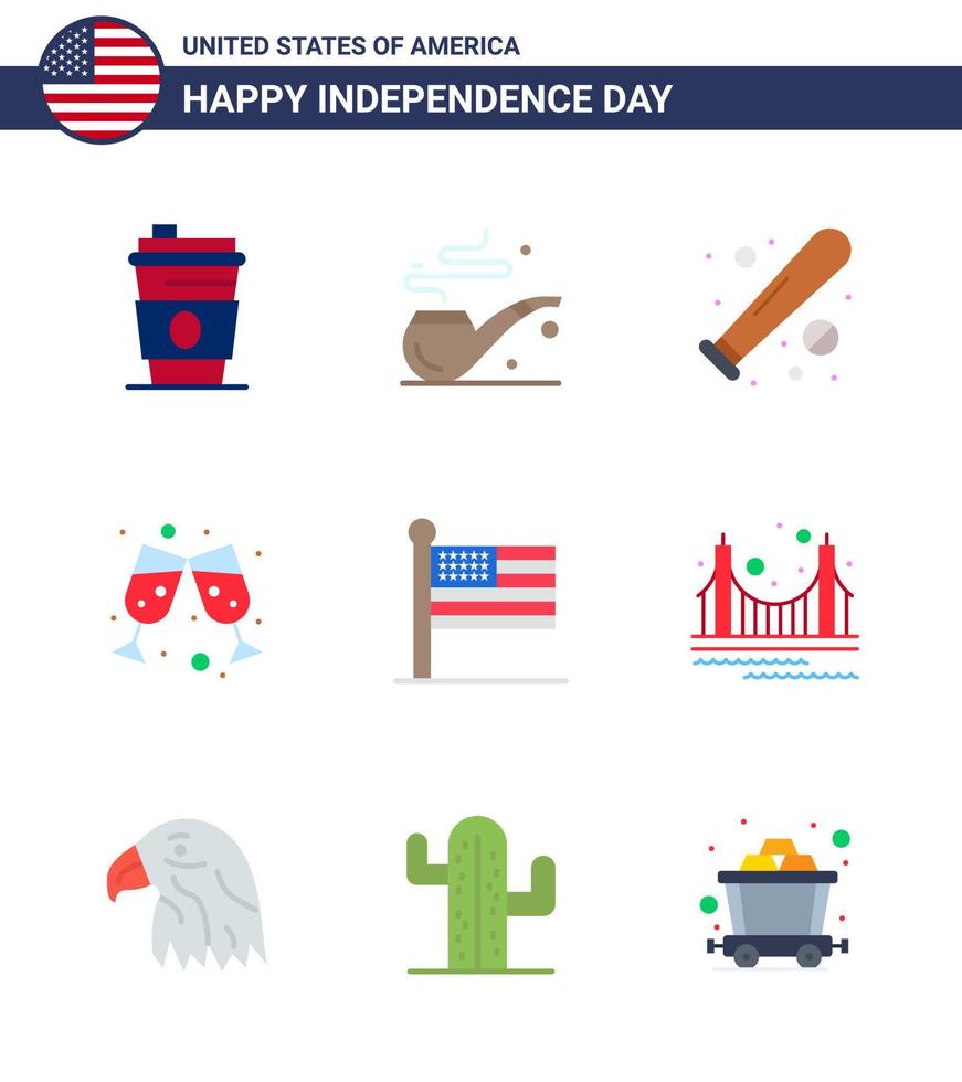 feliz día de la independencia paquete de iconos de 9 pisos para web e impresión bandera unida béisbol copa de vino cerveza elementos de diseño vectorial del día de estados unidos editables vector