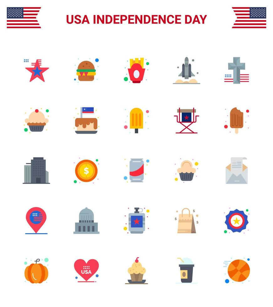 grupo de 25 pisos establecidos para el día de la independencia de los estados unidos de américa, como chips de transporte estadounidenses, lanzadores de naves espaciales, elementos de diseño vectorial editables del día de estados unidos vector