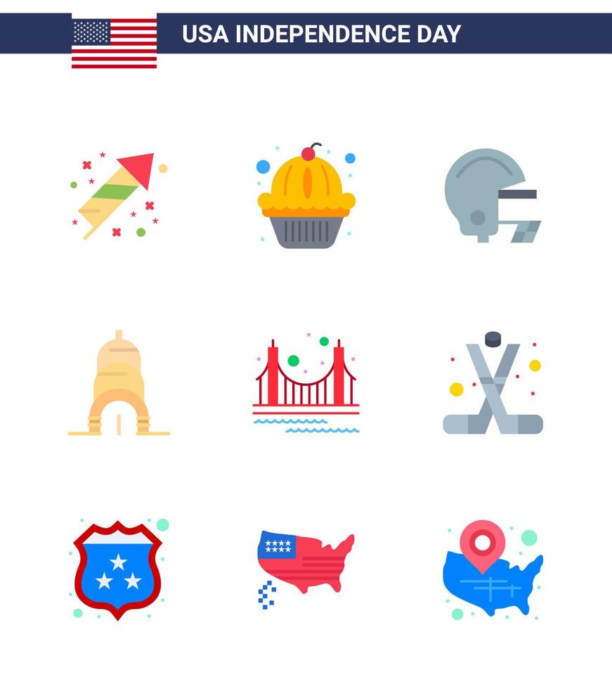 Big Pack of 9 USA Happy Independence Day USA Vector Flats and Editable Symbols of landmark gate american bridge building Editable USA Day Vector Design Elements