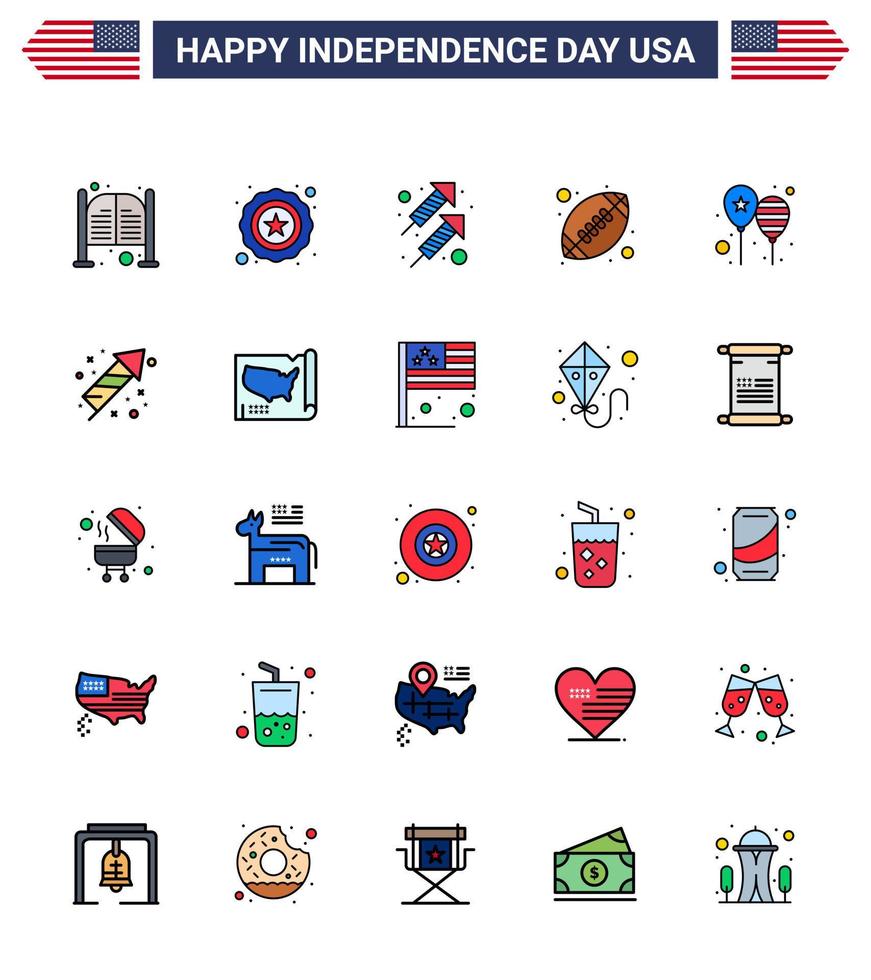 4th July USA Happy Independence Day Icon Symbols Group of 25 Modern Flat Filled Lines of celebrate american ball celebration sports ball Editable USA Day Vector Design Elements