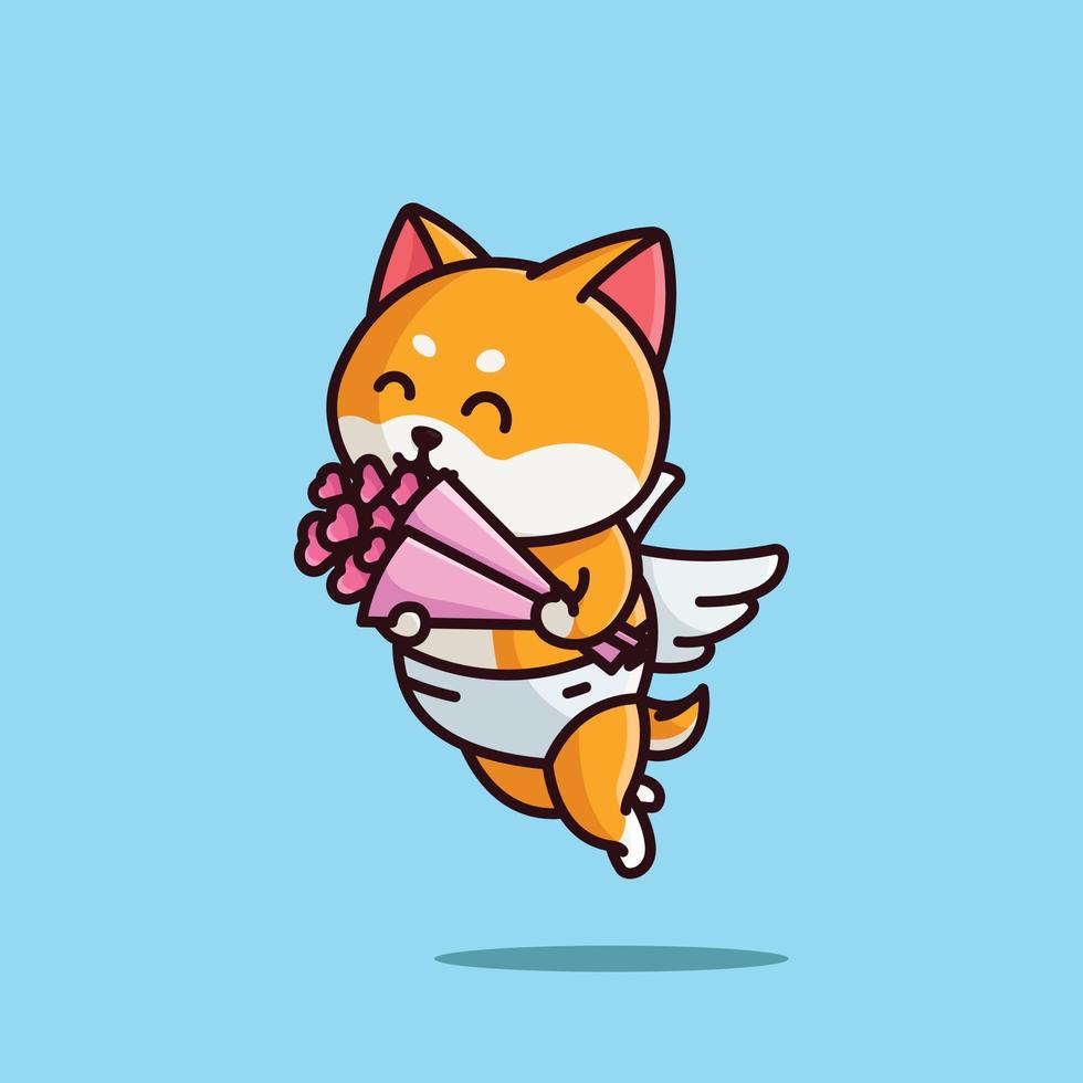 Cute cupid shiba smile holding love bouquet cartoon vector illustration animal love isolated