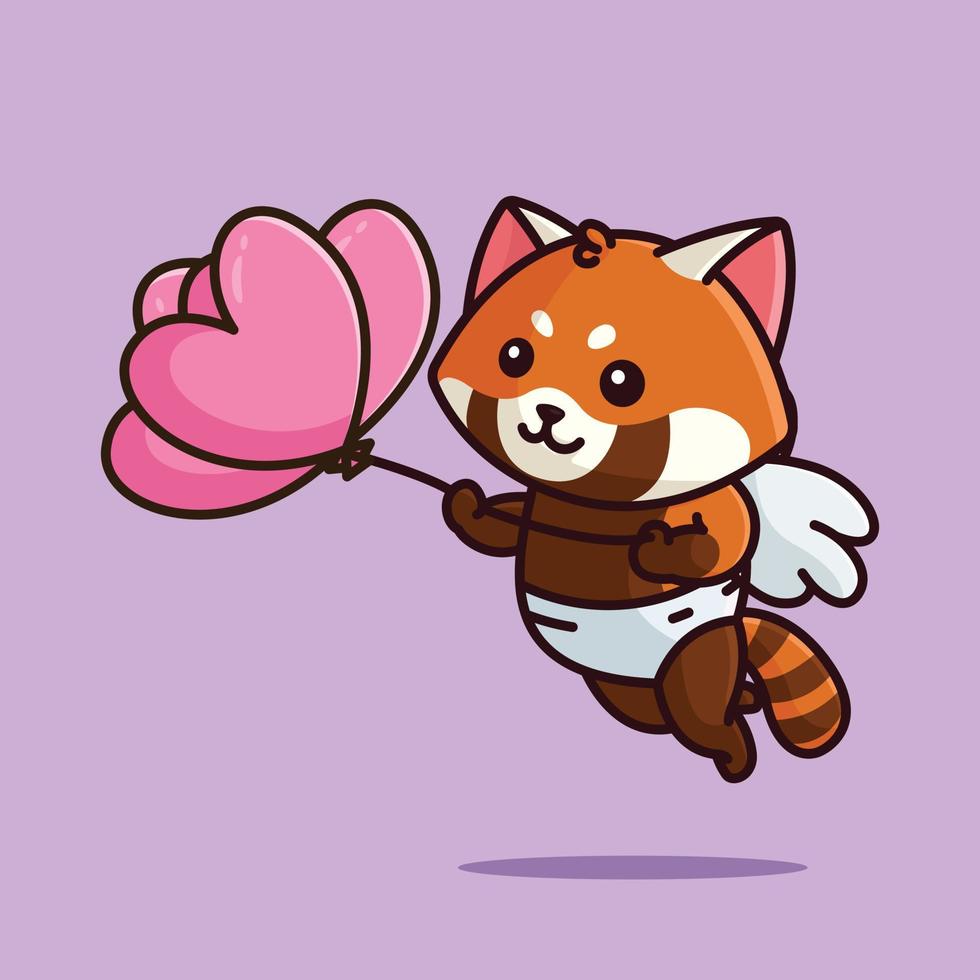 lindo cupido panda rojo sosteniendo globos de amor dibujos animados vector ilustración animal amor aislado