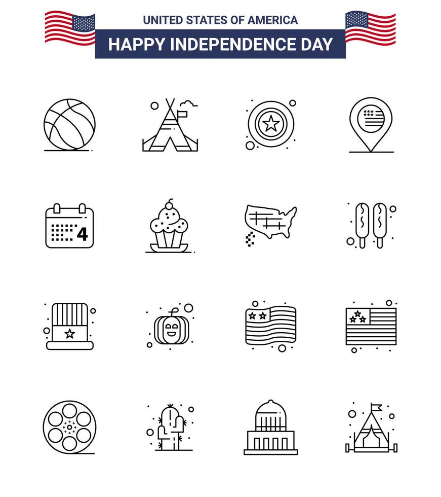 Pack of 16 creative USA Independence Day related Lines of day sign men map american Editable USA Day Vector Design Elements