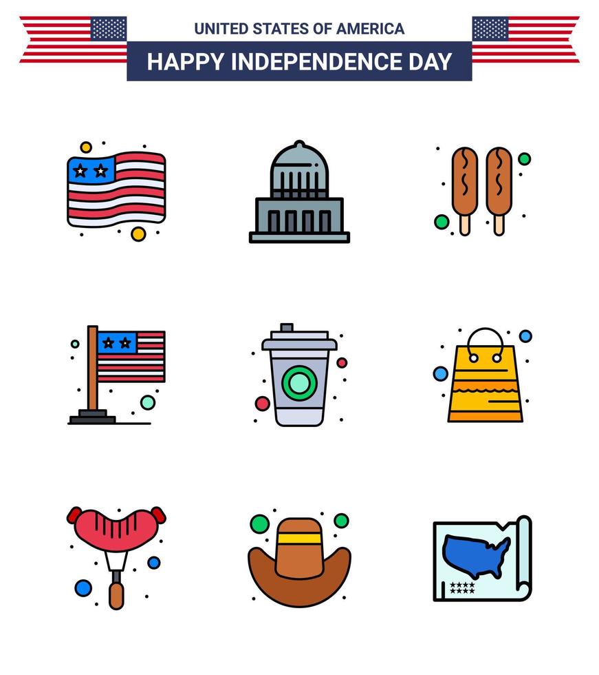 9 señales de línea llenas planas para el día de la independencia de estados unidos bolsa cola hot dog botella elementos de diseño vectorial editables internacionales del día de estados unidos vector