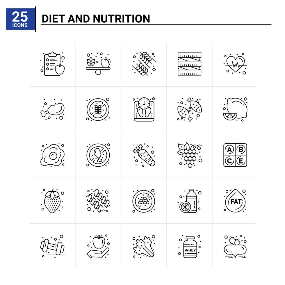 25 iconos de dieta y nutrición establecen antecedentes vectoriales vector