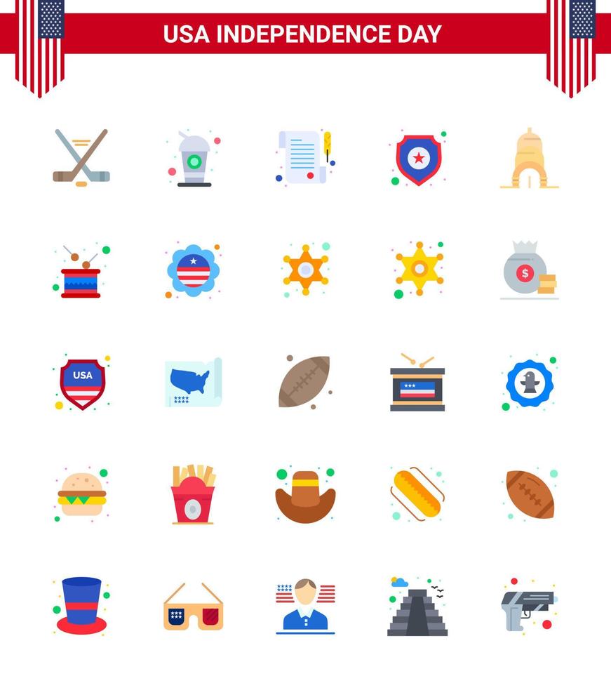 4th July USA Happy Independence Day Icon Symbols Group of 25 Modern Flats of usa chrysler paper sign police Editable USA Day Vector Design Elements