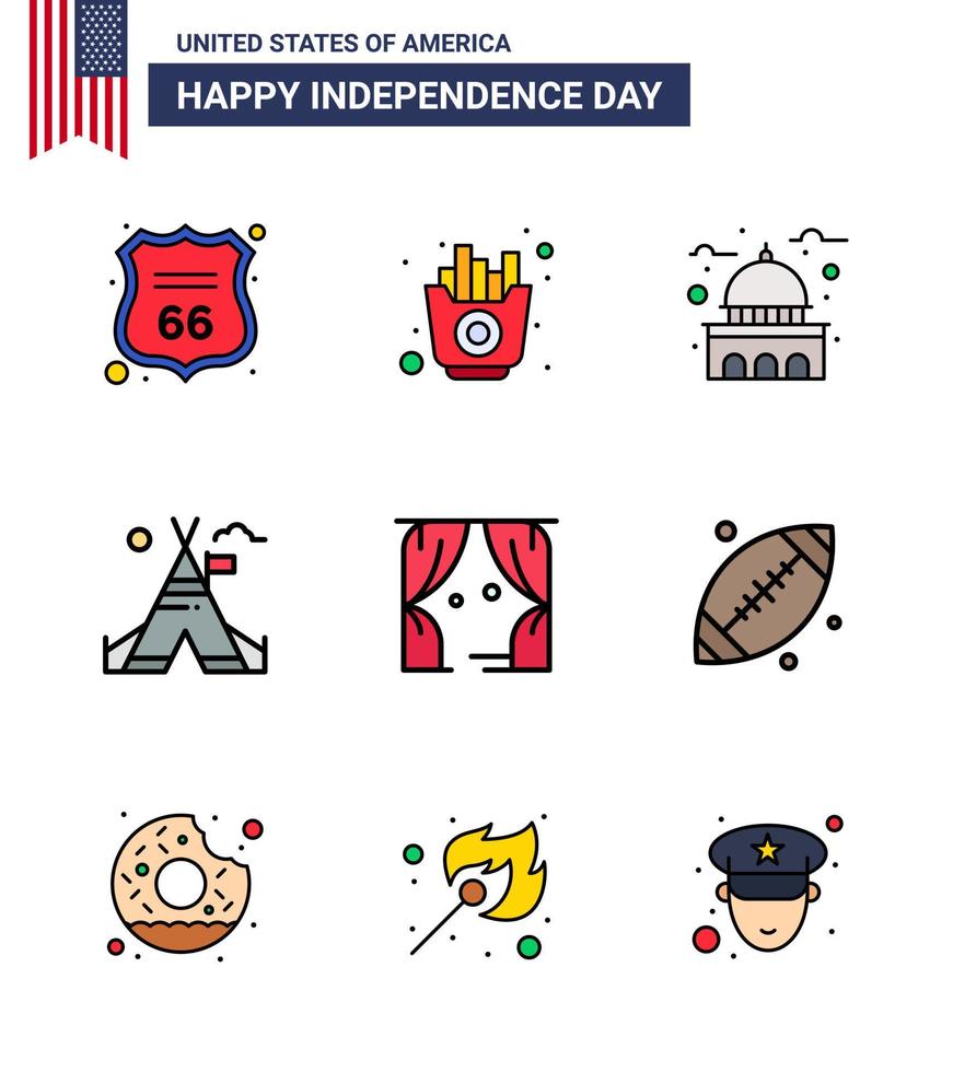 9 USA Flat Filled Line Signs Independence Day Celebration Symbols of entertainment camp building tent white Editable USA Day Vector Design Elements