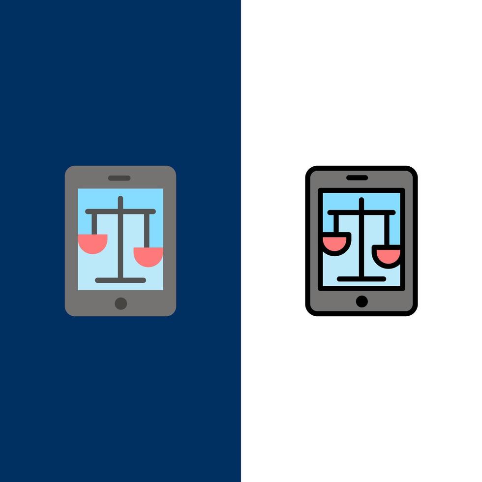 tribunal derecho de internet legal en línea iconos planos y llenos de línea conjunto de iconos vector fondo azul