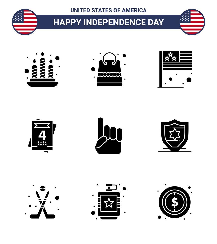 9 signos de glifo sólido de estados unidos celebración del día de la independencia símbolos de mano americana país mano de espuma amor elementos de diseño de vector de día de estados unidos editables