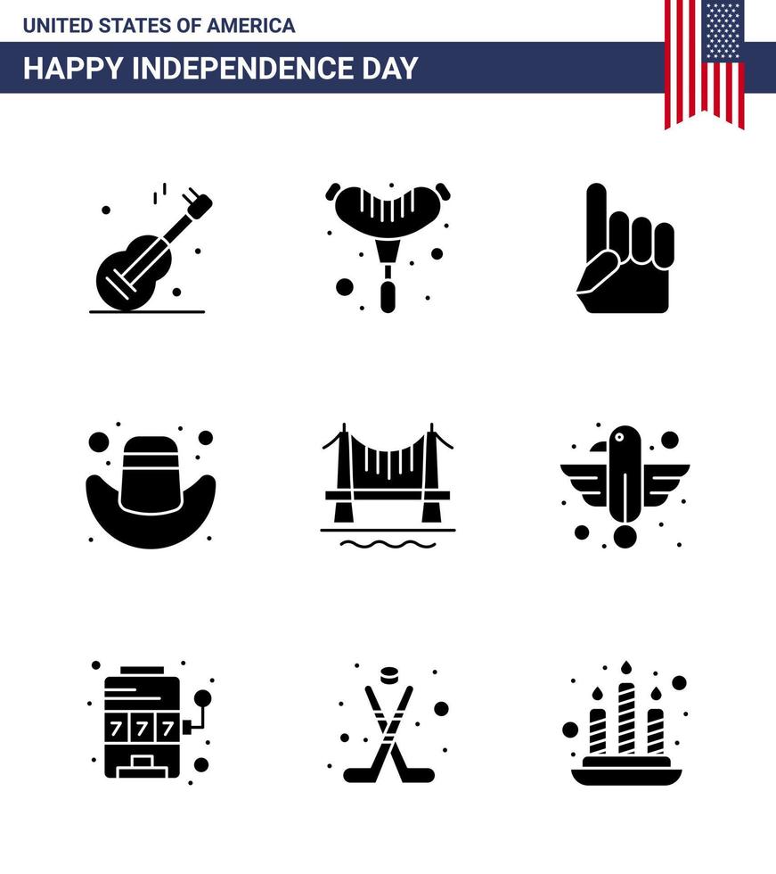 Set of 9 USA Day Icons American Symbols Independence Day Signs for cityscape building hand bridge cap Editable USA Day Vector Design Elements