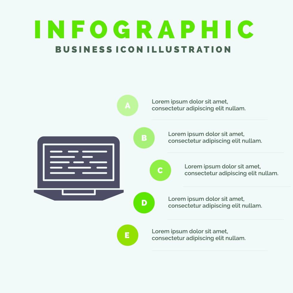 computadora portátil codificación código pantalla computadora icono sólido infografía 5 pasos presentación antecedentes vector