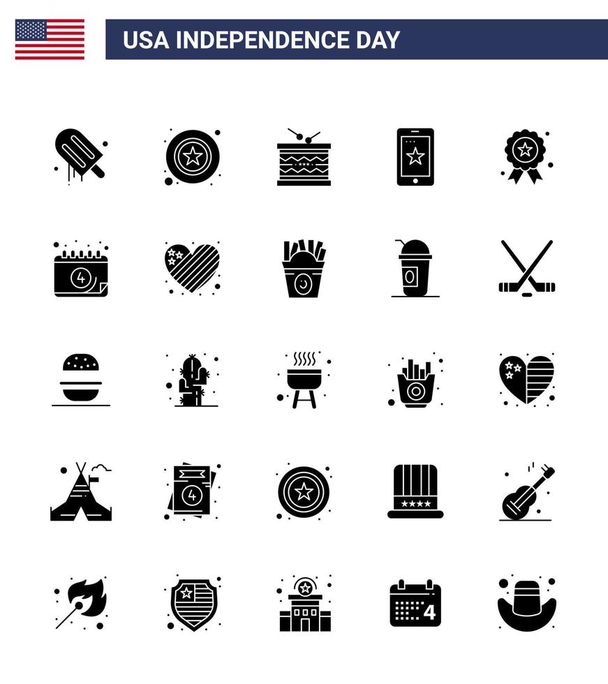 feliz día de la independencia 4 de julio conjunto de 25 pictogramas americanos de glifo sólido de teléfono de batería de celda de vacaciones st elementos de diseño de vector de día de estados unidos editables