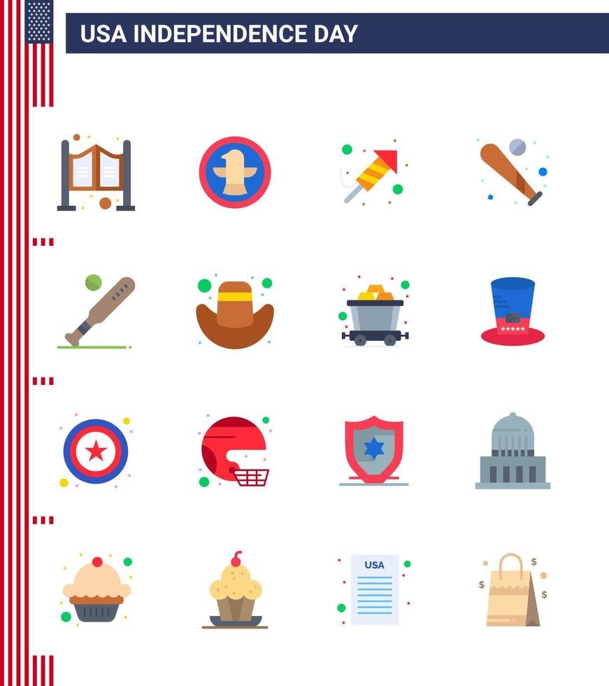 Happy Independence Day USA Pack of 16 Creative Flats of american sports fire work bat ball Editable USA Day Vector Design Elements