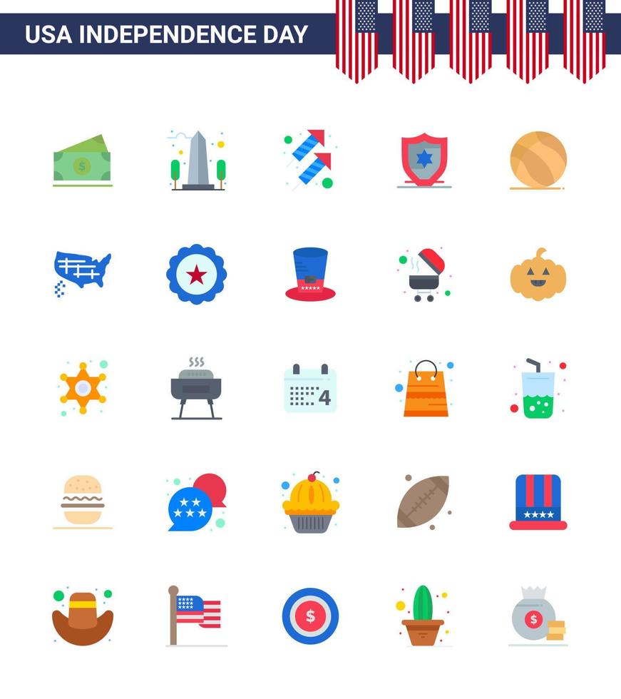 Modern Set of 25 Flats and symbols on USA Independence Day such as ball shield washington protection shoot Editable USA Day Vector Design Elements