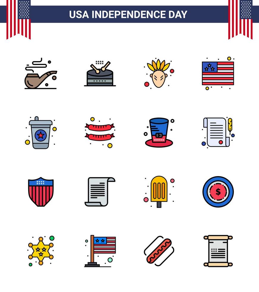 Happy Independence Day 4th July Set of 16 Flat Filled Lines American Pictograph of frankfurter soda native american drink usa Editable USA Day Vector Design Elements