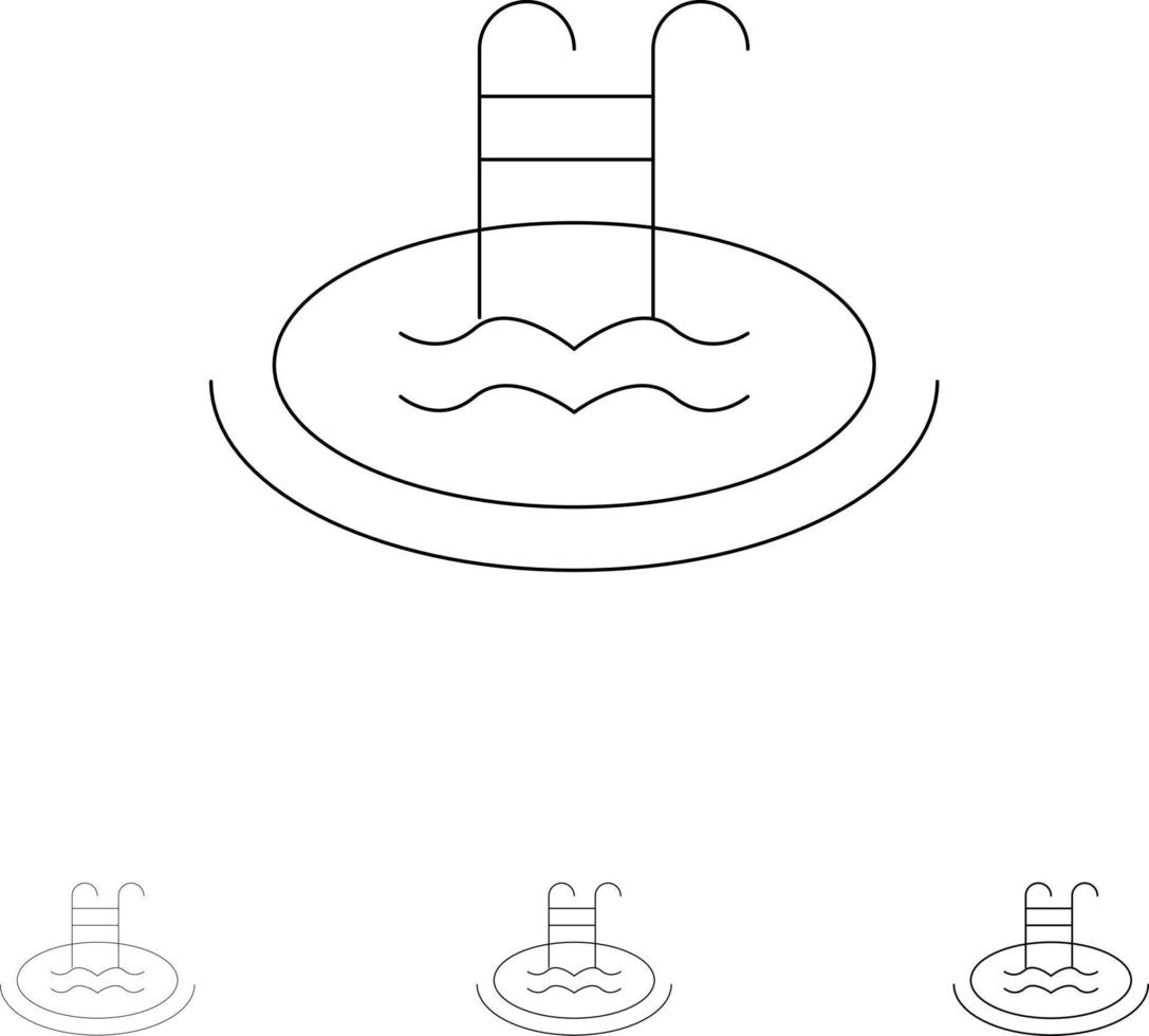 Hotel Pool Swimming Service Bold and thin black line icon set vector