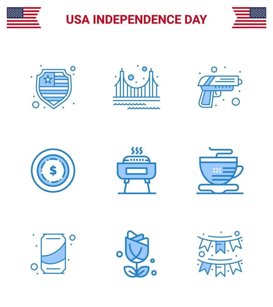 Happy Independence Day Pack of 9 Blues Signs and Symbols for festivity barbeque gun maony american Editable USA Day Vector Design Elements