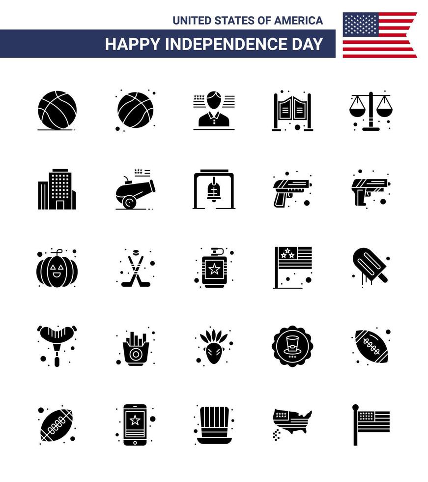 Set of 25 Modern Solid Glyph pack on USA Independence Day law court man western household Editable USA Day Vector Design Elements